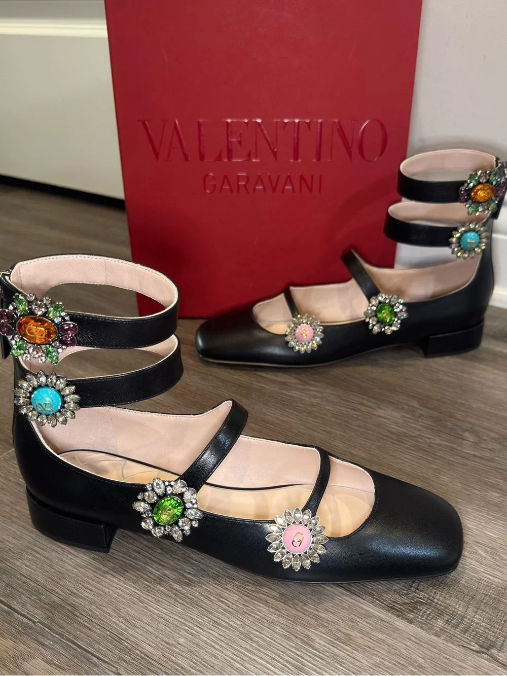 Valentino Garavani Preshoes Jewel Button Logo Ballerina Gladiator Zip Flats - Picture 3 of 16